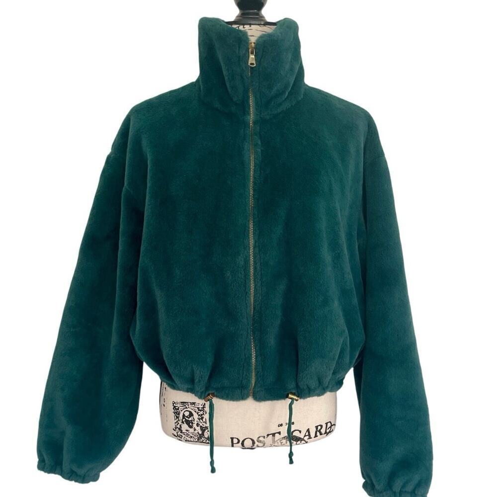 BE‎ FORE DAWN COAT JACKET FULL ZIP  MOCK NECK SZ 8 EMERALD GREEN FAUX FUR COZY